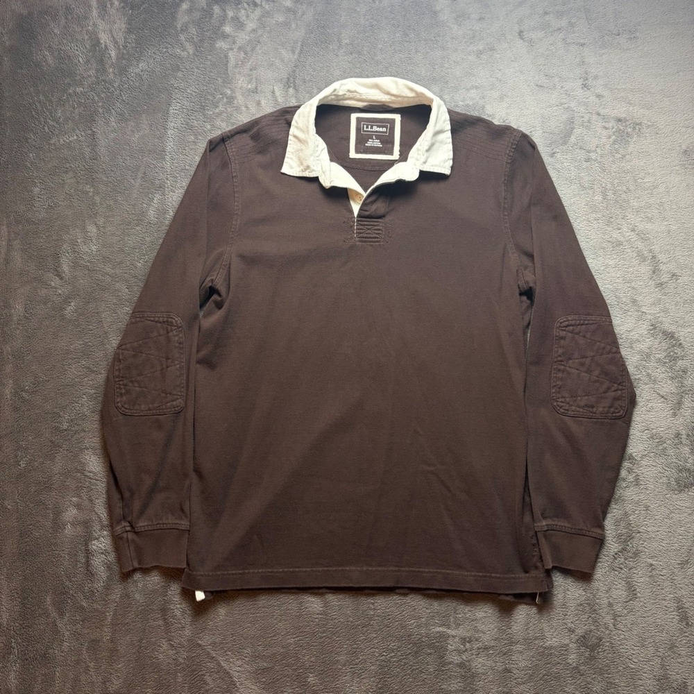 Vintage L.L.Bean Rugby Shirt Men Large Brown Long Sleeve Elbow Patch Cotton Polo